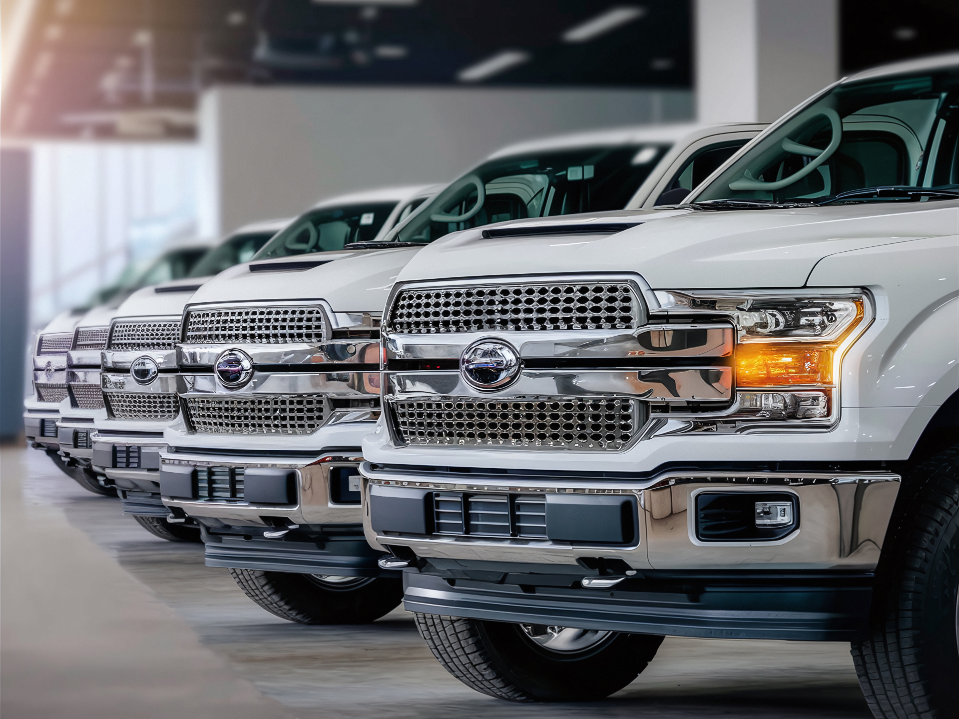 Fleet of pickup trucks lined up in showroom